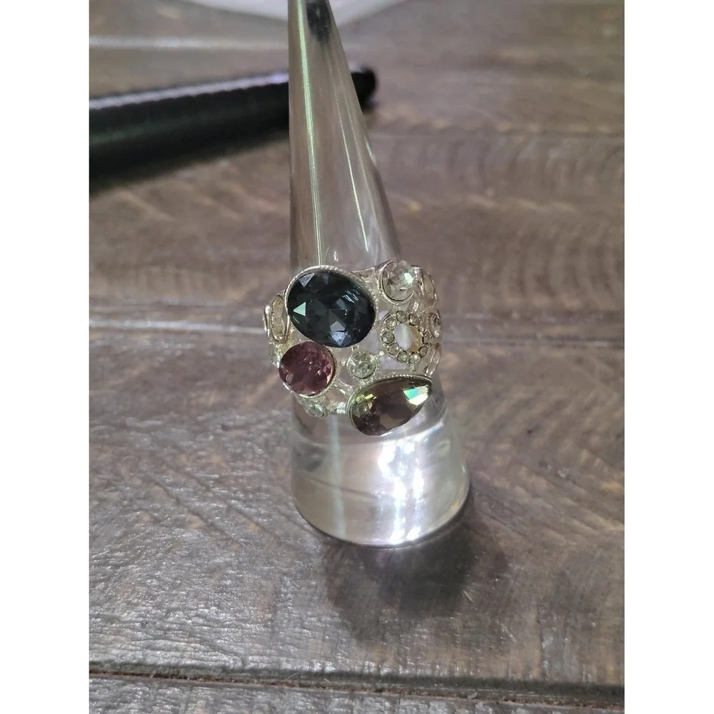 Multicolor Rhinestone Statement Cocktail Ring Silver Tone Size 7.5 Womens